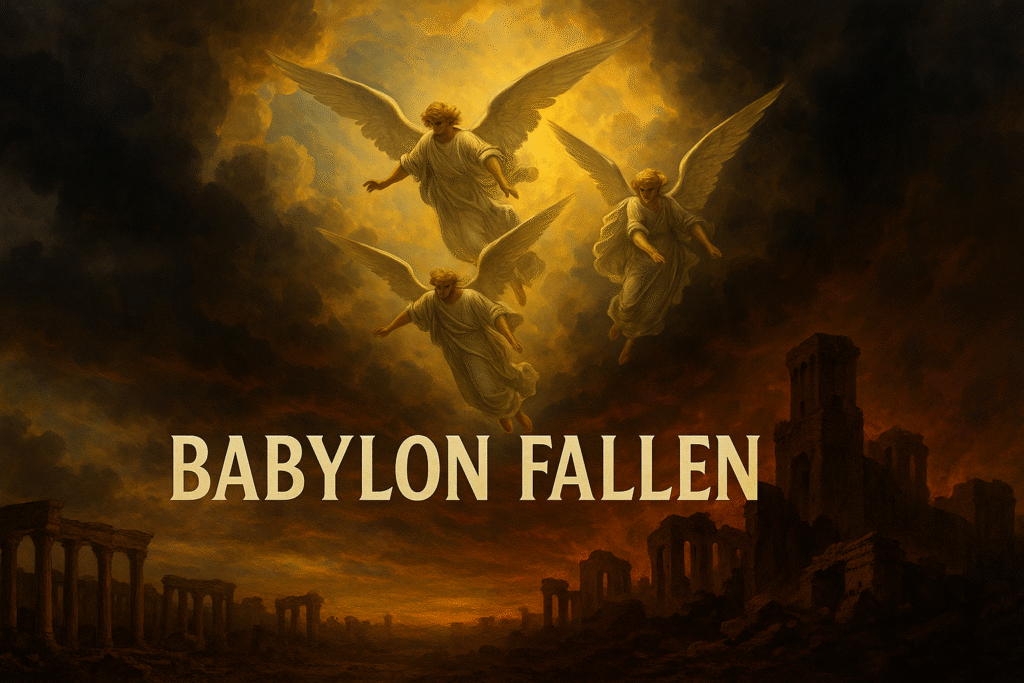 Dark storm clouds gather over ancient ruins with light piercing through, symbolizing the fall of modern Babylon and the rise of prophetic urgency.